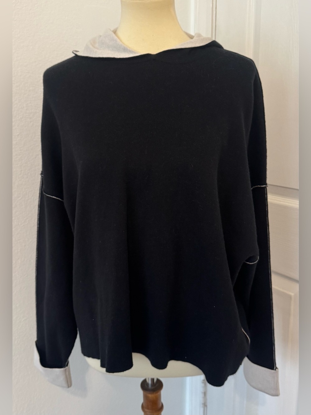 ATM Cotton Blend Hooded Sweater Cream Piping Dolman Sleeve Soft Oversized Sz Sm